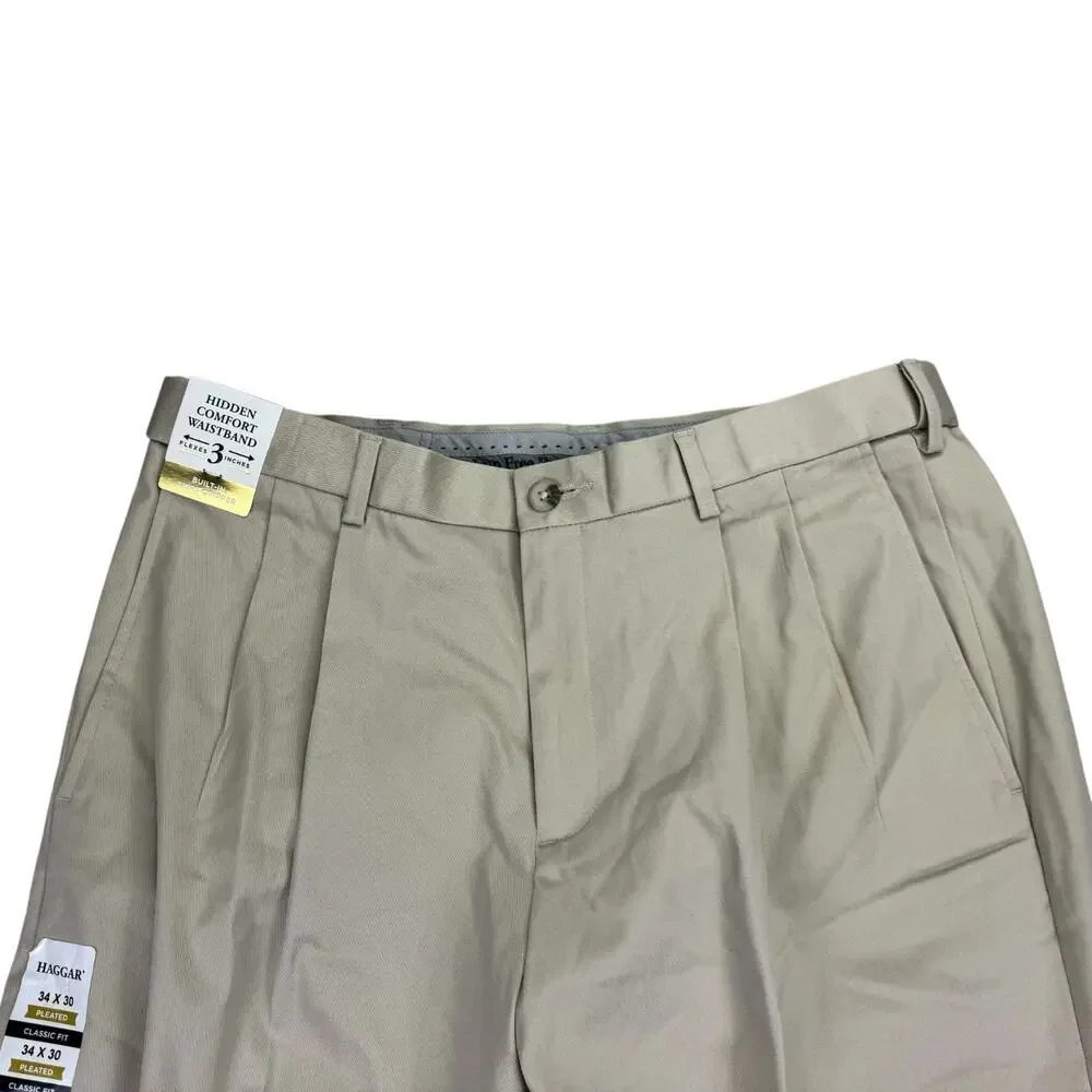 Haggar Mens Premium Iron Free Classic Fit Pleated Dress Pants Sand Beige 34x30